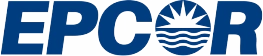Il logo di EPCOR presenta un testo blu e un sole che sorge su onde d'acqua stilizzate.