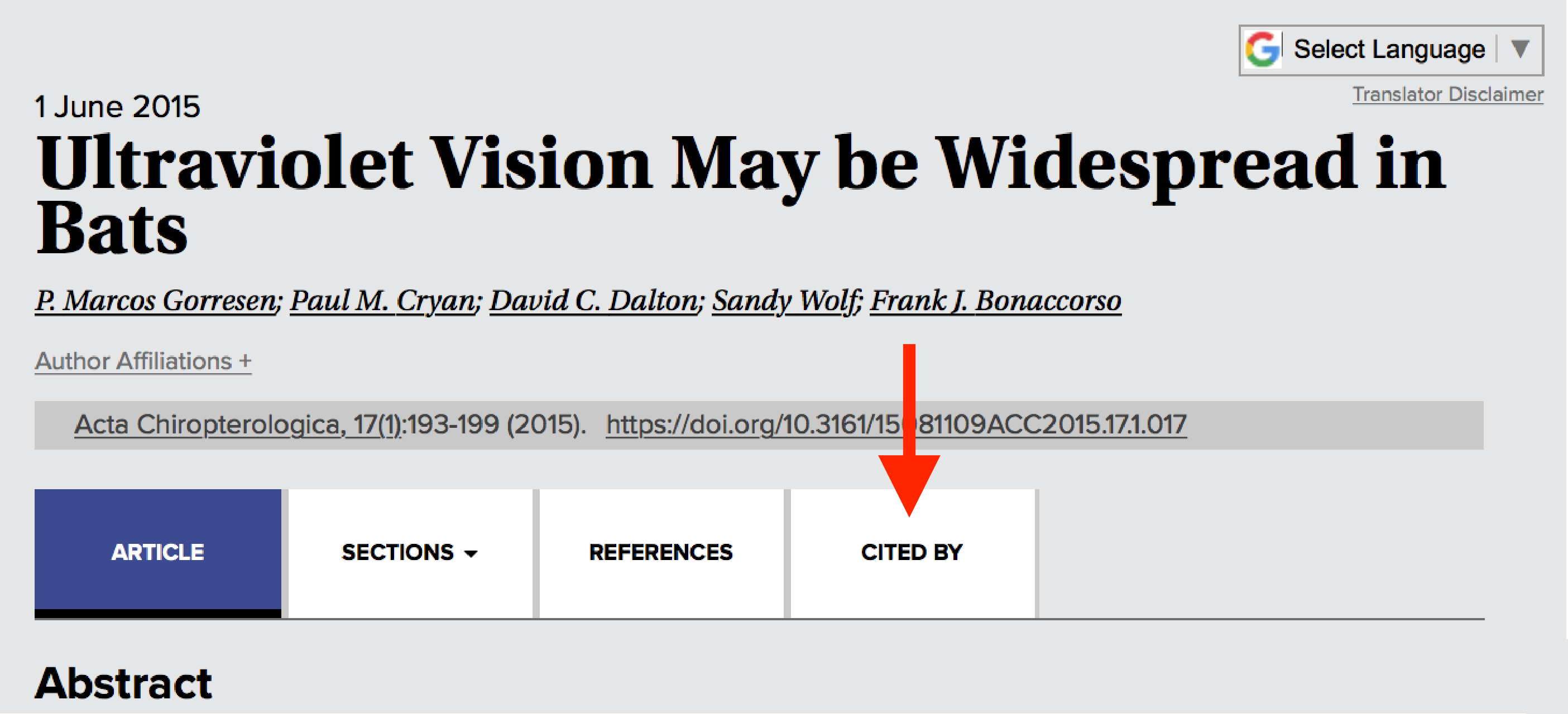 A screenshot of the navigational tabs that appear directly below an article's title on its page. A red arrow points to the Cited by tab.