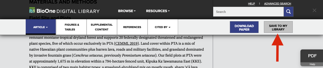 A screenshot of the floating header which appears as you scroll down an article page, with a red arrow pointing to the Save to My Library Button.
