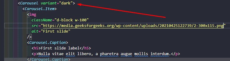 Imagem do código, onde podemos ver que foi adicionada a variente escura em <Carousel variant="dark">