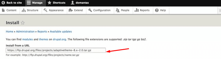 Inserindo a URL de instalação de um tema no Drupal