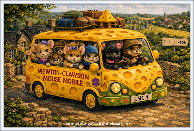 Book Reviews with Amber #370 Feline Fiction ©BionicBasil® Library Mice Mobile at The Mewton-Clawson Library A whimsical yellow van shaped like a block of Swiss cheese travels through a quaint countryside scene, driven by six cheerful anthropomorphic mice dressed in cosy hats, scarves, and glasses. The van, labelled “Mewton‑Clawson Mouse Mobile,” carries luggage and a large wedge of cheese on its roof as it heads toward the village library. Stone cottages, a church spire, and a signpost complete the charming setting for Amber’s Book Reviews with Feline Fiction at BBHQ.