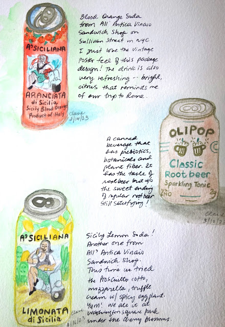 Sketching soda cans packaging design, packaging, sketchbook, sketchbook practice, travel journal, watercolor, colored pencils, blah to TADA, photo by Claire Mercado-Obias, Italian Soda, Olipop, A'Siciliana Aranciata, A'Siciliana Limonata