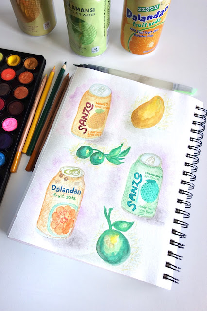 Sanzo Mango Sparkling Water, Sanzo Calamansi Sparkling Water, Zests Dalandan Fruit Soda packaging design, packaging, sketchbook, sketchbook practice, travel journal, watercolor, colored pencils, blah to TADA, photo by Claire Mercado-Obias, Filipino fruit soda
