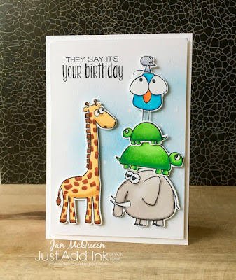 Birthday card using Stampin Up's Suite Sayings and Simon Says Stamps Stacking Animals by Jan McQueen. More info @ www.janscreativecorner.blogspot.com