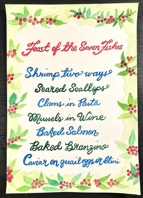Hand-lettered Menu Christmas, Feast of the Seven Fishes, holidays, menu, party ideas, brush lettering, hand lettering, calligraphy, penmanship, record keeping, blah to TADA, photo by Claire Mercado-Obias