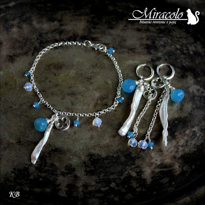 Snedronningen - komplet z perłami i chalcedonami Miracolo, komplet z perłami, chalcedonami i opalitami, perły Biwa, cebulki chalcedonu, opalit, pearl and chalcedony set