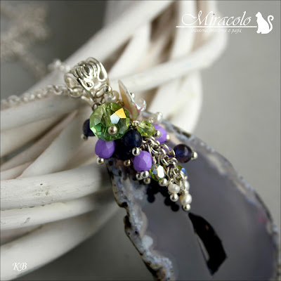 Manitoba - wisior a plastrem agatu Miracolo, agat z druzą, agate druzy, iolit, perły