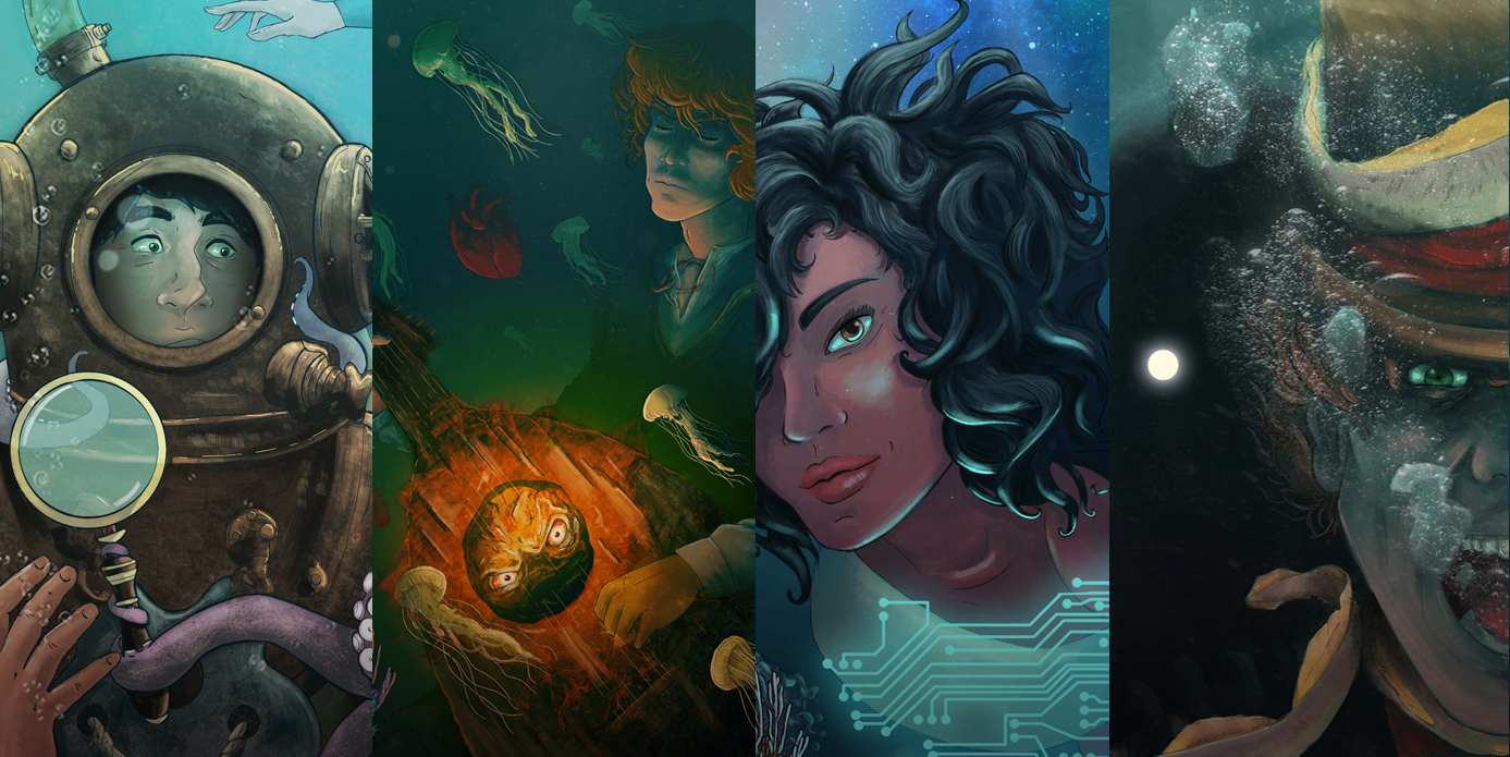 Serie Ilustraciones bajo el agua con personajes de las novelas de M.A. Álvarez. Composición de la serie Ilustraciones bajo el agua con personajes de Medianical Age, El Rostro en el Laúd, El Décimo Paciente y Casos descartados.