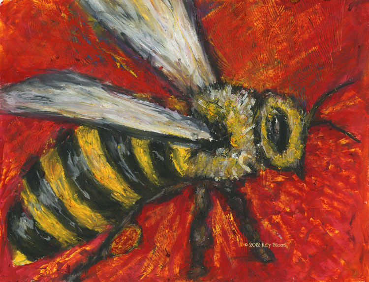 Oil pastel painting of a bee with red-orange pollen baskets