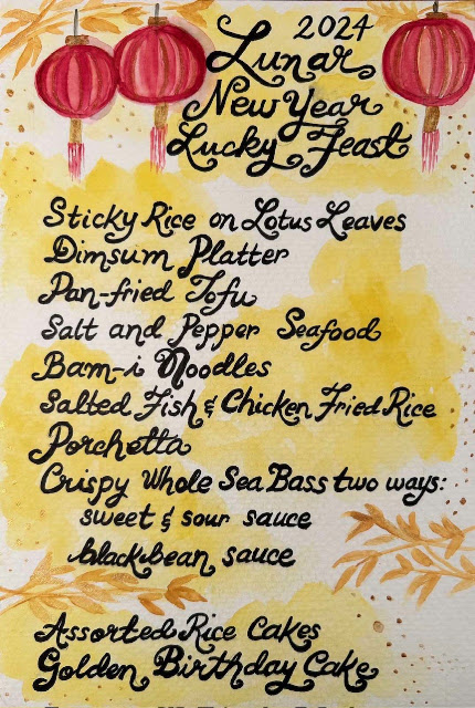 Hand-lettered Menu Lunar New year, Chinese New Year, menu, party ideas, brush lettering, hand lettering, calligraphy, penmanship, record keeping, blah to TADA, photo by Claire Mercado-Obias