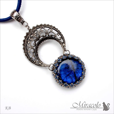 Alnilam III - księżycowy wisior z labradorytem Miracolo, wisiorek z niebieskim labradorytem, labradorite pendant, blue labradorite, filigran