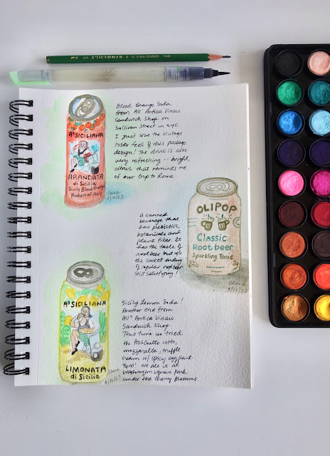 Sketching soda cans packaging design, packaging, sketchbook, sketchbook practice, travel journal, watercolor, colored pencils, blah to TADA, photo by Claire Mercado-Obias, Italian Soda, Olipop, A'Siciliana Aranciata, A'Siciliana Limonata