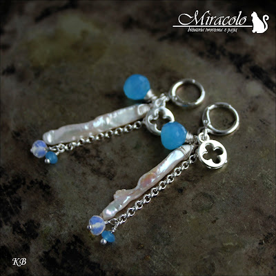 Snedronningen - komplet z perłami i chalcedonami Miracolo, kolczyki z perłami, chalcedonami i opalitami, perły Biwa, cebulki chalcedonu, opalit, pearl and chalcedony earrings
