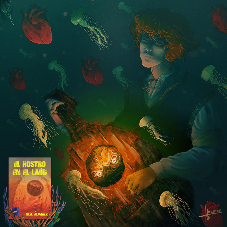 El Rostro en el Laúd Ilustración Verano Ilustración submarina de El Rostro en el Laúd, con el laúd rodeado de medusas y corazones flotando bajo el agua.
