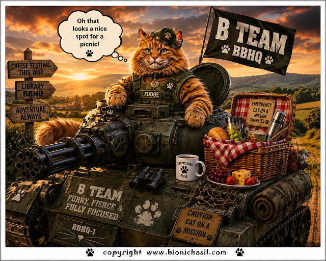 Book Reviews with Amber #370 Feline Fiction ©BionicBasil® Fudge in Tank with a Really Big Gun An orange cat dressed in playful military gear sits proudly atop a cartoon‑style tank decorated with paw prints and humorous slogans. A picnic basket filled with food, a mug labelled “Catpuccino Fuel,” and a tiny mouse companion rest beside him, while a countryside landscape stretches into the sunset behind the scene. The tank’s bold flag and cheeky details highlight Fudge’s larger‑than‑life, tongue‑in‑cheek “battle‑ready” moment for Book Reviews with Amber at BBHQ.