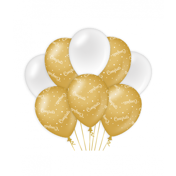 Ballonnen Gold/White - Congrats   8 stuks