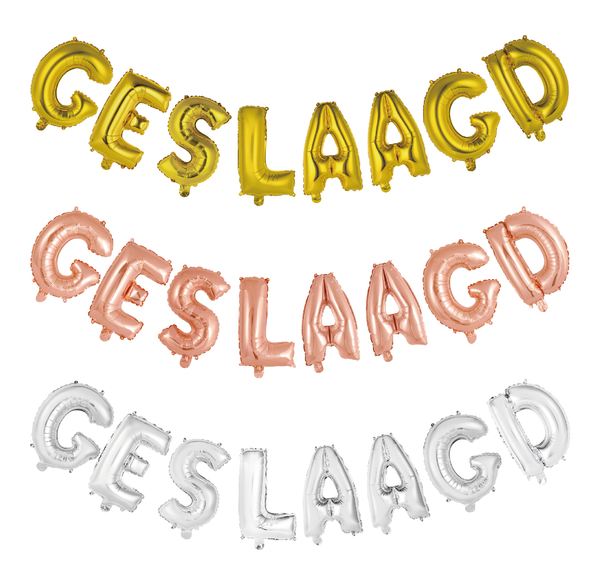 Folie letters slinger 'Geslaagd' 16"/40 cm, verkrijgbaar in diverse kleuren
