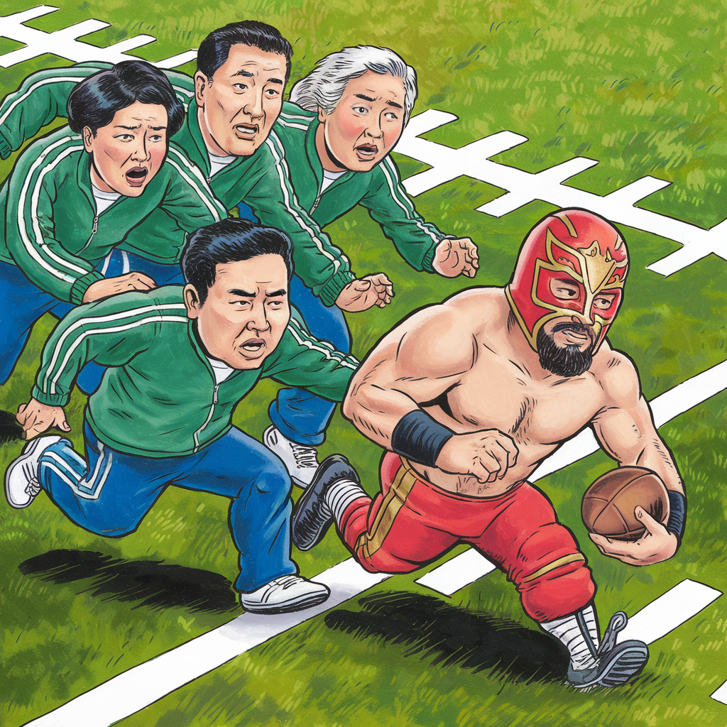 Illustration of a pro wrestler being chased on a football field by people dressed like Squid Game characters.