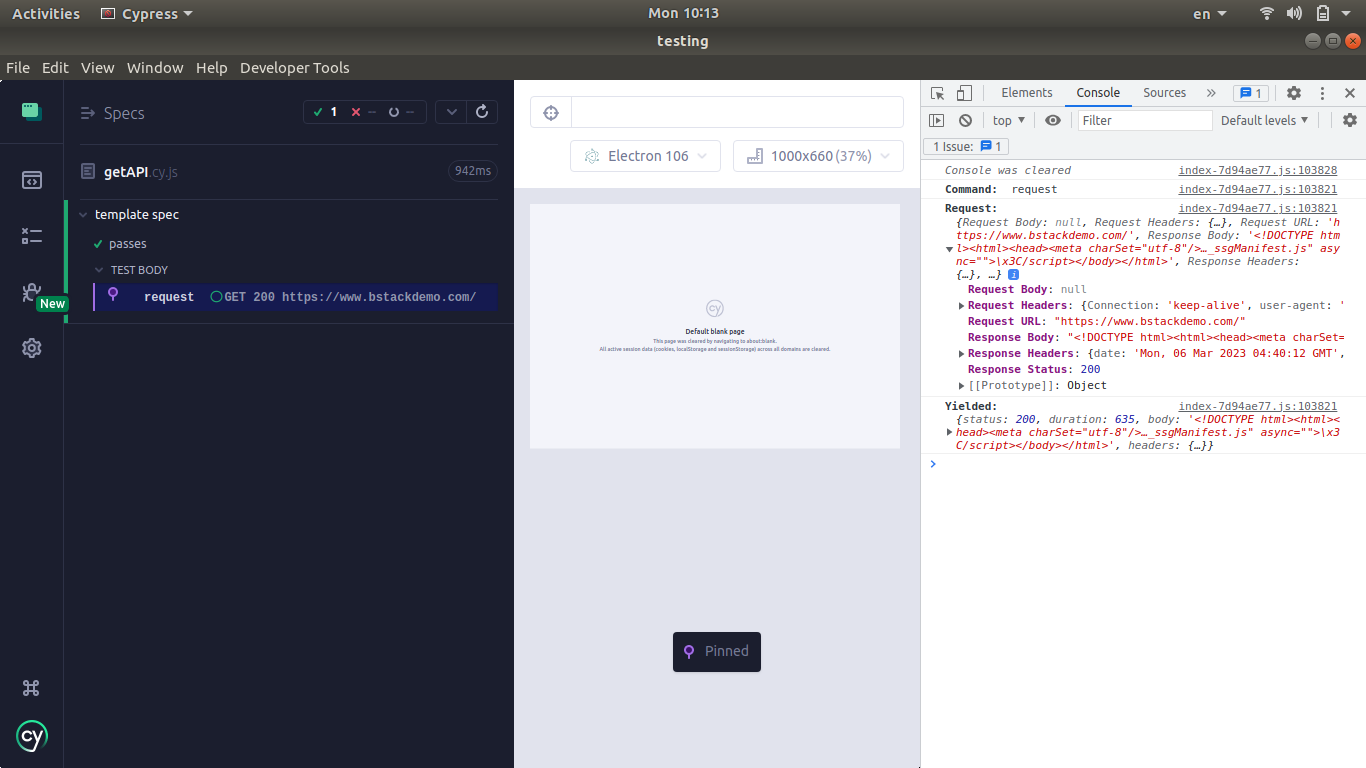 console log of the Cypress runner console log of the Cypress runner