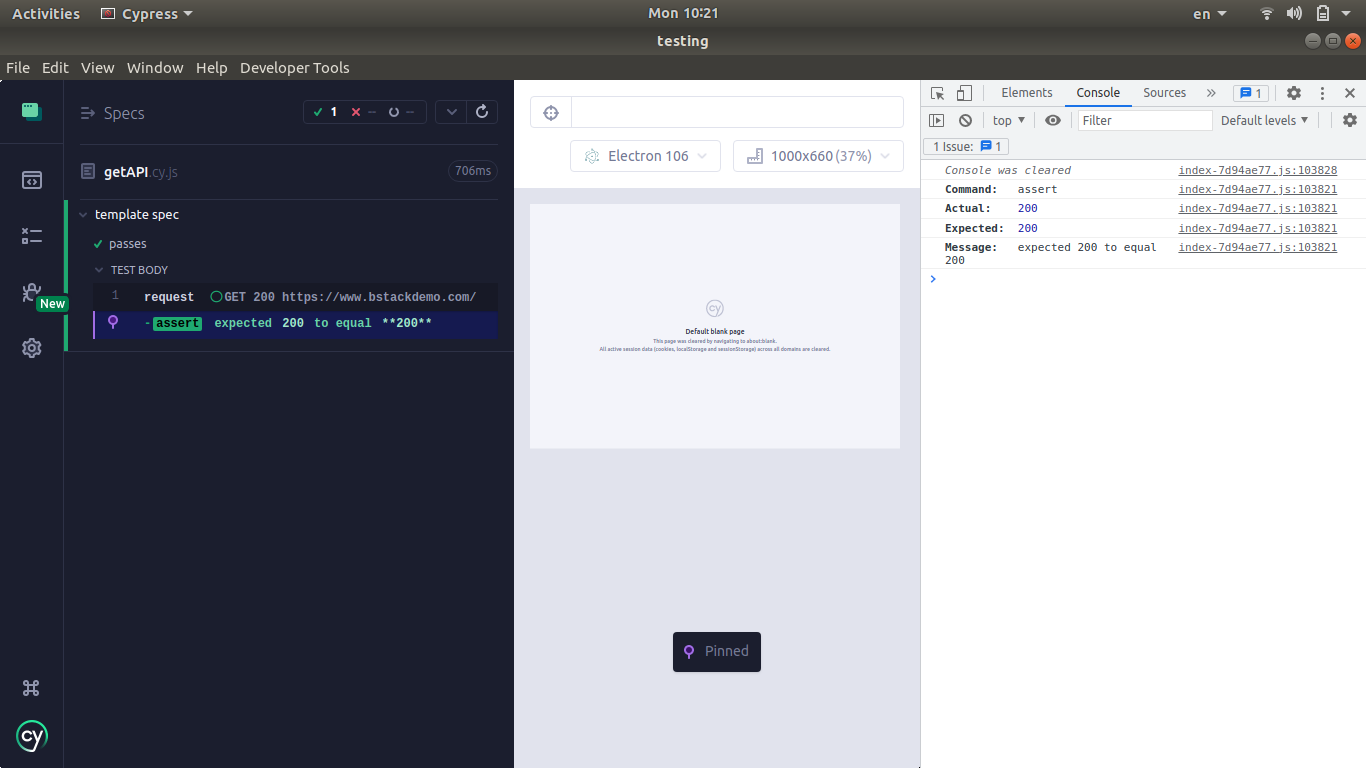 response code in console log of the Cypress runner response code in console log of the Cypress runner