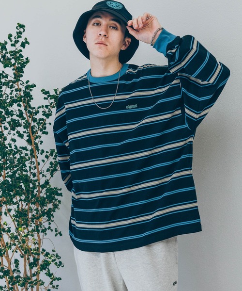 SIGNAL SPORTS(シグナルスポーツ)の「【SIGNAL SPORTS】16/1ボーダークルーネック/ビッグシルエットロンT(Tシャツ/カットソー・メンズ・パープル/イエロー/ホワイト系その他/ブラック・MEDIUM/LARGE)」の1枚目の写真