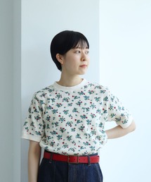 コーマワッフル 小花柄半袖Tシャツ