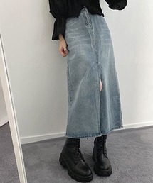 【 選べる４size／２color 】センタースリットハイウエストウォッシュデニムスカート