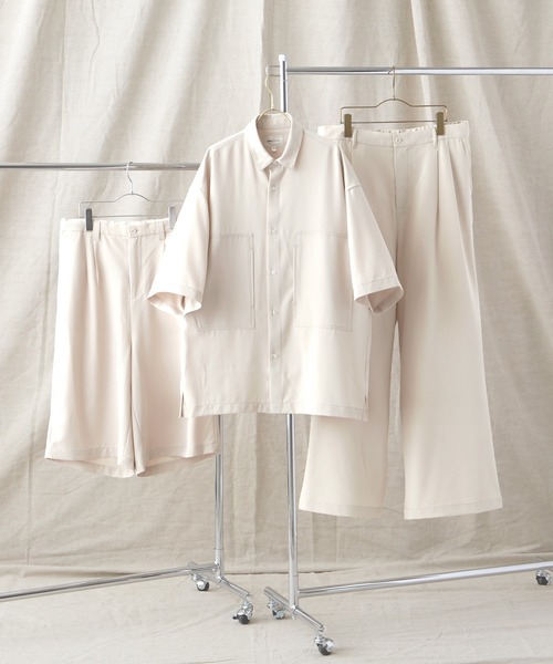 EMMA CLOTHES(エマクローズ)の「【3点セットアップ】ブライトポプリン リラックス オーバーサイズ 鬼ステッチビッグWポケットレギュラーカラーCPOシャツ&テーパード2タックワイドパンツ&2タックワイドショーツ ワンマイルウェア(セットアップ・メンズ・ブラック/ベージュ/ブラウン/ベージュ系その他/ライラック/グレイッシュベージュ/グレイッシュブルー/キナリ・M/L)」の1枚目の写真