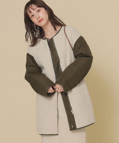 Ray BEAMS(レイビームス)の「Ray BEAMS / ボア リバーシブル コート(ノーカラーコート・レディース・ブラック/オリーブ・1/0)」の1枚目の写真