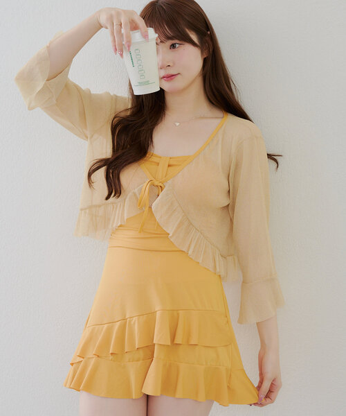 Remind me and forever(リマインドミーアンドフォーエバー)の「【WEB限定】シアーボレロ×裾ティアード水着2点セット(水着・レディース・ブラック/イエロー・MEDIUM/LARGE)」の3枚目の写真