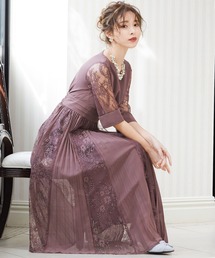 プリーツ×レース 7分袖結婚式ワンピースドレス 同窓会 二次会 ドレス