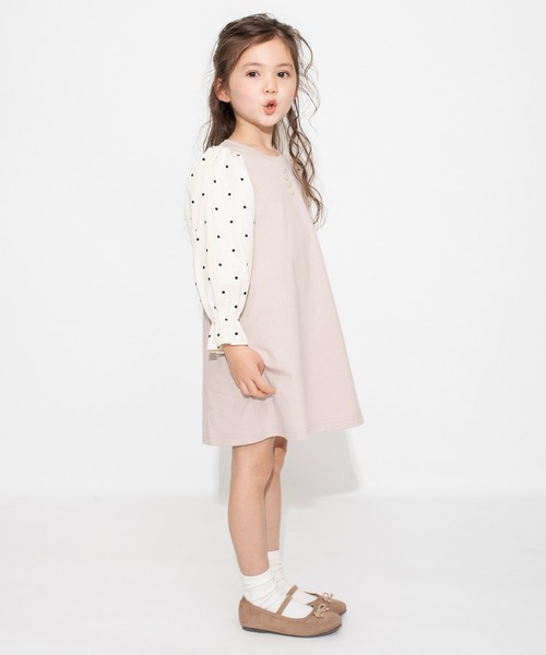 BRANSHES(ブランシェス)の「ドット柄 / ギンガムチェック袖ボリュームワンピース(ワンピース・キッズ・ピンクベージュ/ブラック・110/140/100/130/150/90/120)」の1枚目の写真