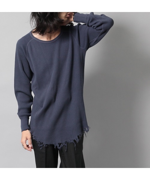 AMERICAN RAG CIE(アメリカンラグシー)の「裾ダメージ加工 丸胴 ロングサーマル 長袖 カットソー WEB限定(Tシャツ/カットソー・メンズ・ホワイト/ピンク/ブルー/ネイビー/チャコールグレー・1/2/3)」の1枚目の写真