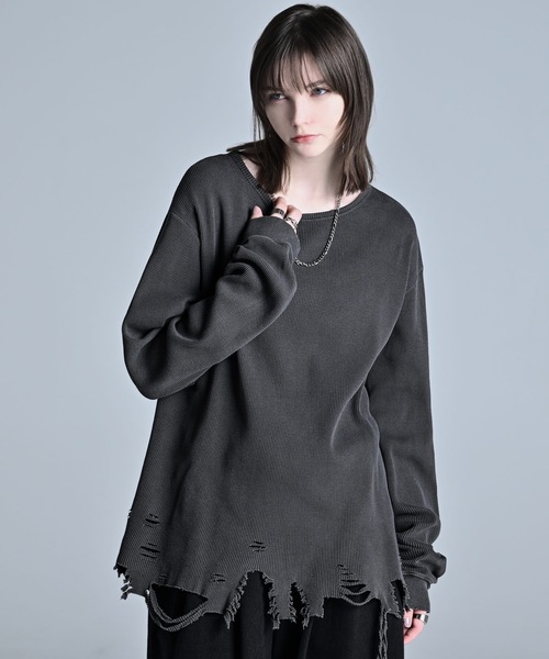 ADRER(アドラー)の「waffle damage long-T / ワッフルダメージロンT(Tシャツ/カットソー・メンズ・オフホワイト/グレー/ブラック・XS/S/M/L)」の3枚目の写真