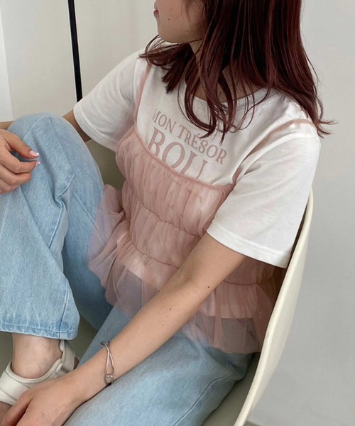 one after another NICE CLAUP(ワンアフターアナザーナイスクラップ)の「チュールビスチェ+ロゴTセット(Tシャツ/カットソー・レディース・ドット/ブラック/ピンク・FREE)」の1枚目の写真