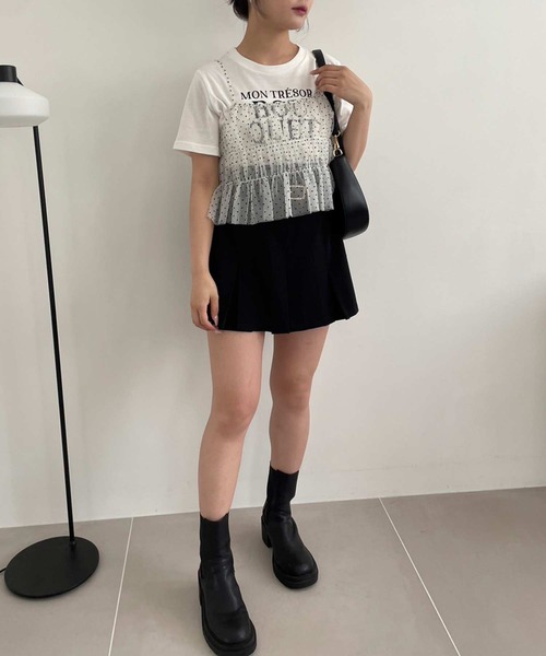 one after another NICE CLAUP(ワンアフターアナザーナイスクラップ)の「チュールビスチェ+ロゴTセット(Tシャツ/カットソー・レディース・ドット/ブラック/ピンク・FREE)」の16枚目の写真