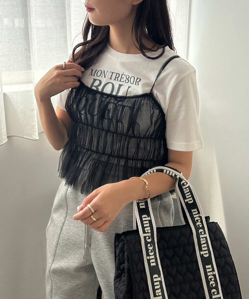 one after another NICE CLAUP(ワンアフターアナザーナイスクラップ)の「チュールビスチェ+ロゴTセット(Tシャツ/カットソー・レディース・ドット/ブラック/ピンク・FREE)」の4枚目の写真