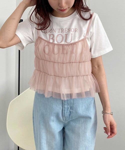 one after another NICE CLAUP(ワンアフターアナザーナイスクラップ)の「チュールビスチェ+ロゴTセット(Tシャツ/カットソー・レディース・ドット/ブラック/ピンク・FREE)」の8枚目の写真