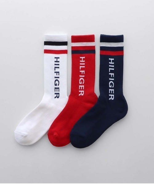 【3足セット】TOMMY HILFIGER メンズ レディース オーガニックコットン混 足底パイル 縦ロゴライン リブソックス 92554050の1枚目の写真