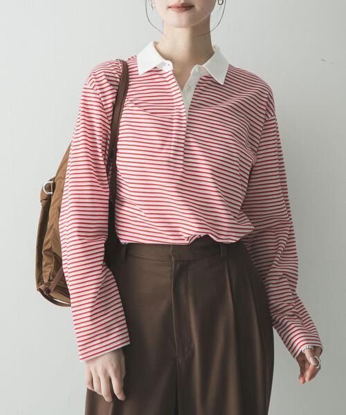 URBAN RESEARCH(アーバンリサーチ)の「シャツカラーマルチボーダーカットソー(シャツ/ブラウス・レディース・レッド/ベージュ/オフホワイト・FREE)」の1枚目の写真