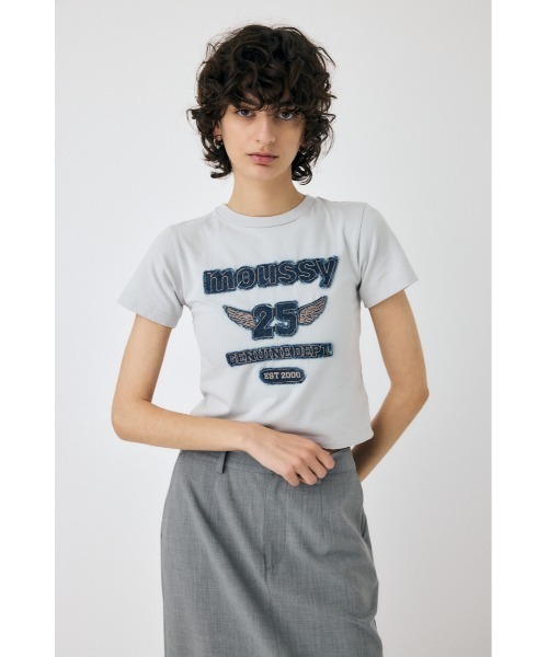 MOUSSY(マウジー)の「PATCH DENIM 25TH Tシャツ(Tシャツ/カットソー・レディース・グレー/ピンク/ブラック/ホワイト・FREE)」の6枚目の写真