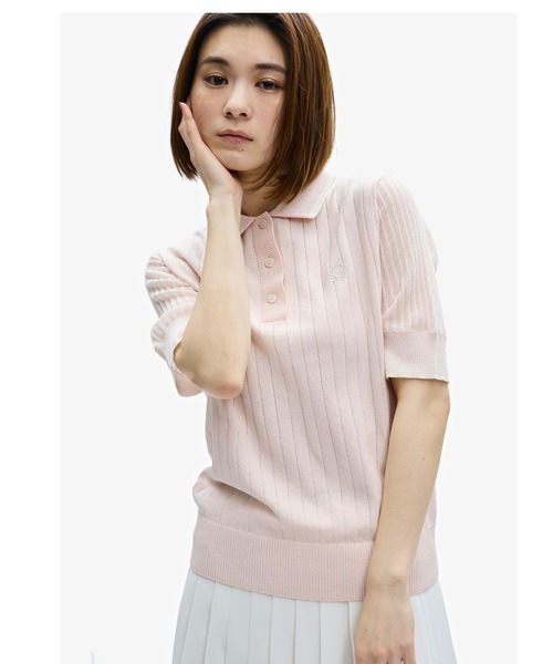 FRED PERRY(フレッドペリー)の「Rib Stitch Knitted Shirt(ポロシャツ・レディース・ネイビー/ベビーピンク・10)」の1枚目の写真