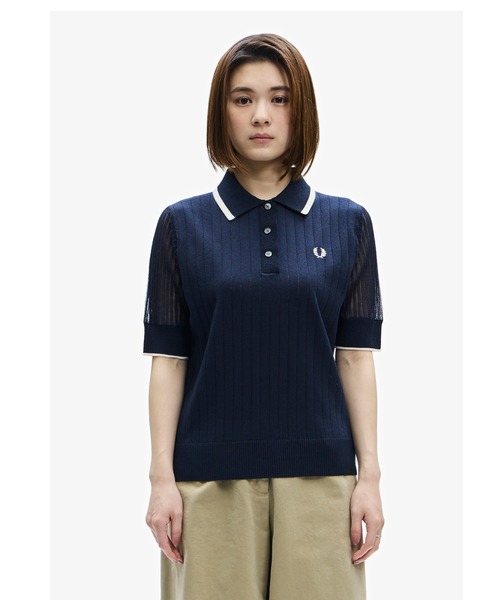 FRED PERRY(フレッドペリー)の「Rib Stitch Knitted Shirt(ポロシャツ・レディース・ネイビー/ベビーピンク・10)」の9枚目の写真