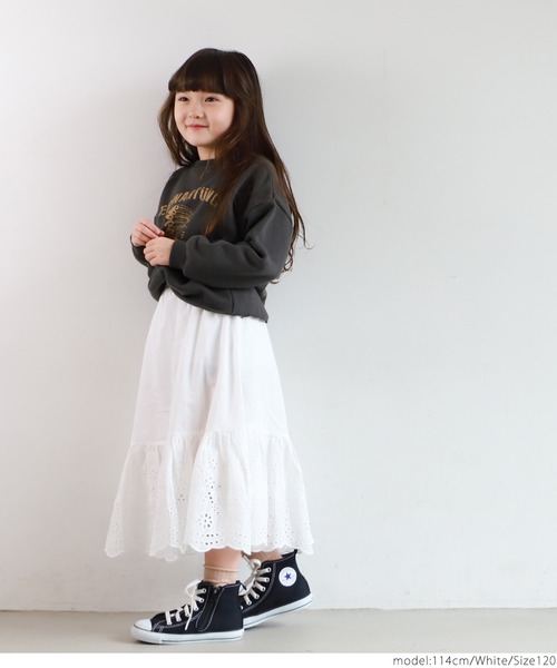 coca(coca)(コカ)の「キッズ 親子お揃いコットンフラワー柄刺繍スカート(スカート・キッズ・ホワイト・100/110/120/130/140)」の4枚目の写真