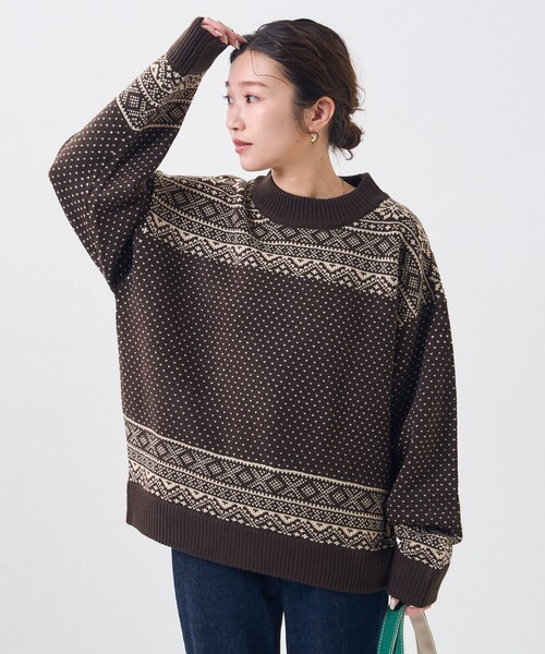 FREAK'S STORE(フリークスストア)の「【WEB限定】MACOBER×FREAK'S STORE/マコバー ノルディック柄ニットプルオーバー(ニット/セーター・レディース・ネイビー/ブラウン/ナチュラル・ONE SIZE)」の2枚目の写真