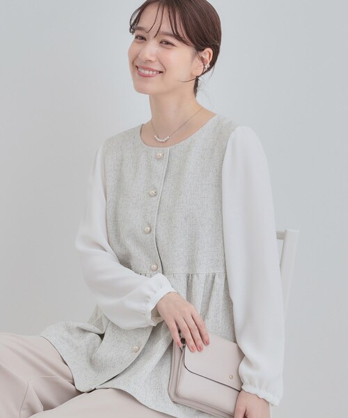 SHOO・LA・RUE(シューラルー)の「【洗濯機可】時短できちんと見えが叶う フェイクレイヤードブラウス(シャツ/ブラウス・レディース・ネイビー/アイボリー/ブラック・01/02/03/04)」の1枚目の写真