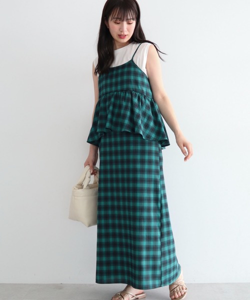 Green Parks(グリーンパークス)の「チェックペプラムキャミワンピース(ワンピース・レディース・ライトベージュ/オレンジ/グリーン・FREE)」の2枚目の写真