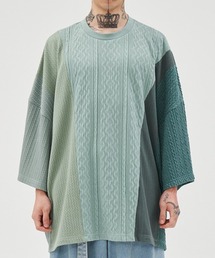 韓国ブランド AJOBYAJO アジョバイアジョ Knit Mixed Wide Top オーバーサイズ ニット 半端丈 ケーブルニット ツイストニット パッチワークニット 半袖トップス 韓国ストリート 韓国ファッション