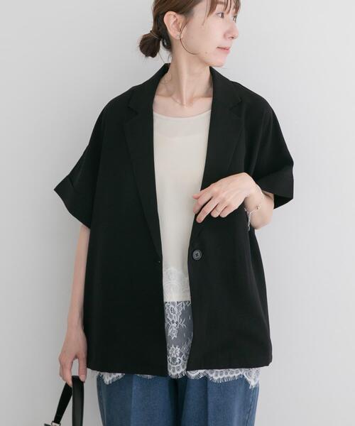 ITEMS URBANRESEARCH(アイテムズ アーバンリサーチ)の「『イージーケア/接触冷感/UVカット』SMOOTH LINEN TOUCH 半袖ジャケット(その他アウター・レディース・オフホワイト/ブラック・FREE)」の2枚目の写真